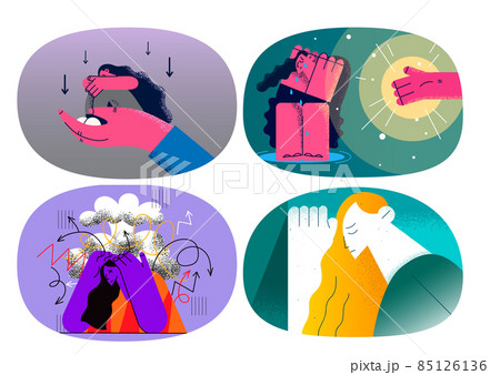 Set of unhappy woman suffer from depression need help  85126136