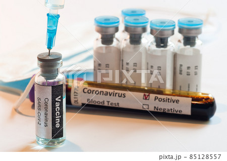 Medical syringe with glass ampoule vial with coronavirus COVID-19 vaccine. Fight of the coronavirus pandemic. 85128557