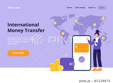 A girl makes an international money transfer. Concept of secure mobile payment, money transfer service. Flat vector illustration for a banner, landing page. 85128874