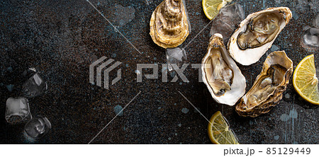 Fresh open oysters top view with lemon wedges and ice copy space Fresh open oysters top view with lemon wedges and ice copy space 85129449