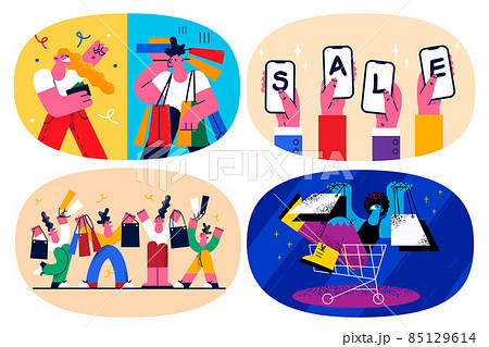 Set of happy people buying things on sale 85129614