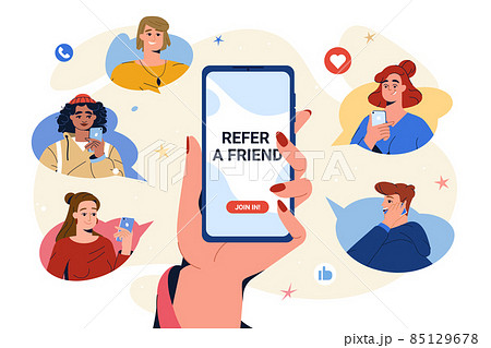 Hand with mobile phone invite friends to referral program 85129678