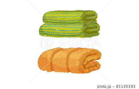 Bath towels set. Green and orange soft textile cloth for wiping vector illustration 85130393