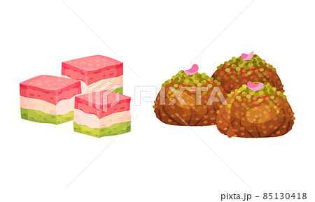 Turkish delights set. Middle east sweet deserts vector illustration Turkish delights set. Middle east sweet deserts vector illustration 85130418