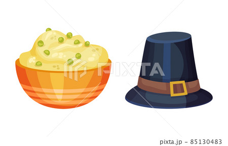 Thanksgiving day symbols set. Mashed potato and pilgrim hat vector illustration 85130483