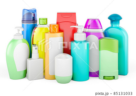 Cosmetic bottles. Shampoo, balm, conditioner, deodorant, shaving foam, soap and other products. 3D rendering 85131033