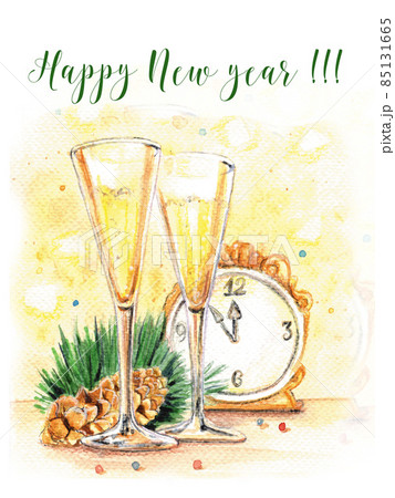Watercolor card with glasses of champagne and a clock on which it is midnight. 85131665