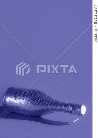Modern design template with champaigne bottle covered in sequines toned in trendy color of year 2022. Holiday celebration concept. Modern template for your design. 85132277