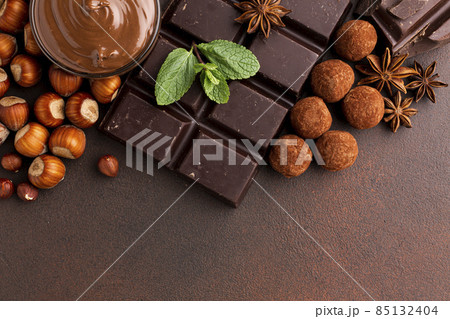 chocolate bar arrangement with truffles. High quality photo chocolate bar arrangement with truffles. High quality photo 85132404
