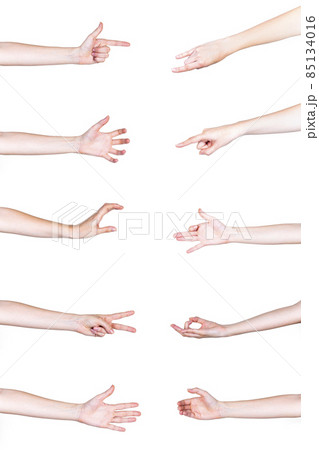 set human hands gesturing white background. High quality photo set human hands gesturing white background. High quality photo 85134016