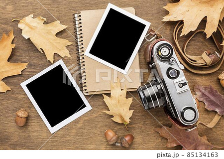 top view camera with s autumn leaves. High quality photo top view camera with s autumn leaves. High quality photo 85134163