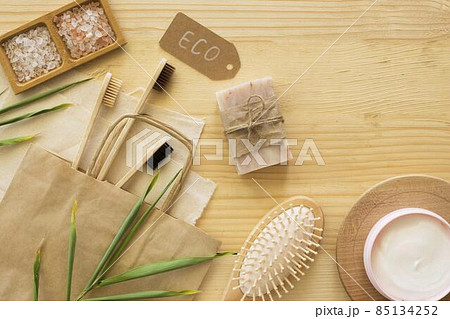 bamboo toothbrushes soap top view. High quality photo 85134252