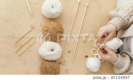 flat lay assortment knitting tools. High quality photo 85134697