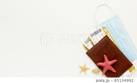 flat lay passport mask arrangement. High quality photo flat lay passport mask arrangement. High quality photo 85134992