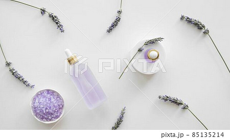top view lavender skincare products. High quality photo 85135214