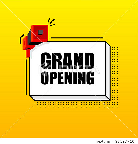 Grand Opening banner template. Marketing flyer with megaphone. Isometric and pixel style. Template for retail promotion and announcement. Vector illustration. Grand Opening banner template. Marketing flyer with megaphone. Isometric and pixel style. Template for retail promotion and announcement. Vector illustration. 85137710