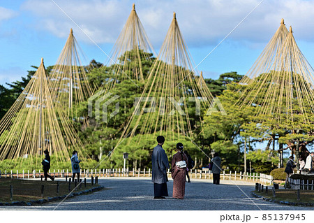初冬の兼六園と観光客 85137945