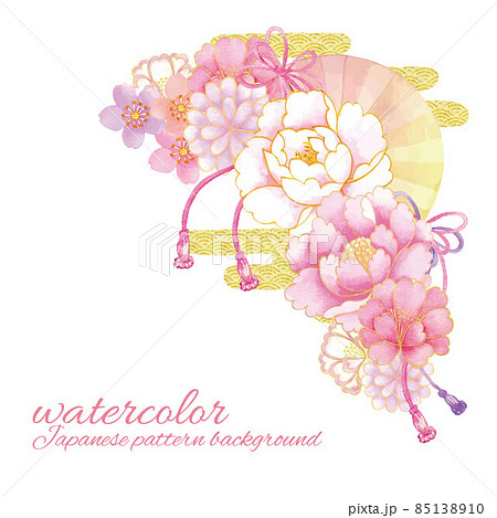 水彩手書き 和柄の桜と牡丹のイラスト素材