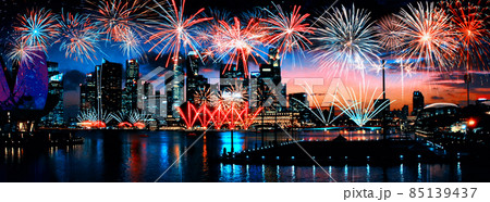 Abstract colored firework on dark sky. Celebration and anniversary concept Abstract colored firework on dark sky. Celebration and anniversary concept 85139437