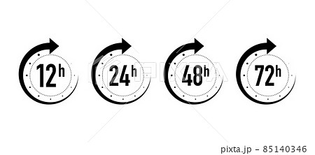 12, 24, 48 and 72 hours clock arrow on white background. Work time effect or delivery service time icons. Vector illustration. 12, 24, 48 and 72 hours clock arrow on white background. Work time effect or delivery service time icons. Vector illustration. 85140346