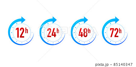 12, 24, 48 and 72 hours clock arrow on white background. Work time effect or delivery service time icons. Vector illustration. 85140347