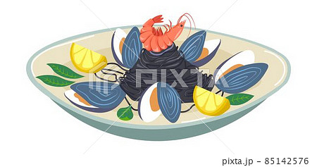 Mussels and shrimps, seafood salad with lemons Mussels and shrimps, seafood salad with lemons 85142576