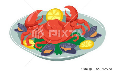 Seafood dish, crab with mussels and lemon slices Seafood dish, crab with mussels and lemon slices 85142578
