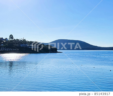 Seascape and coastal nature background. Blue sea and mountains in the morning 85143917