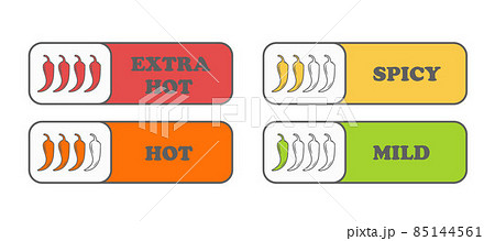 Pepper Spice Levels. Hot pepper sign for packing spicy food. Pepper sauce stickers. Pepper Spice Levels. Hot pepper sign for packing spicy food. Pepper sauce stickers. 85144561