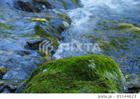 清流　水の流れ　岩場の苔　河原の景色　日本の山中の小川 85144623