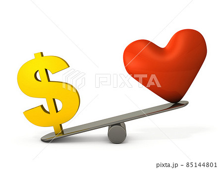 ハートマークとドル記号の重要さの比較 愛情や誠意よりも 金を重視する拝金主義を表すコンセプト のイラスト素材 ハートマークとドル記号の重要さの比較 愛情や誠意よりも 金を重視する拝金主義を表すコンセプト のイラスト素材
