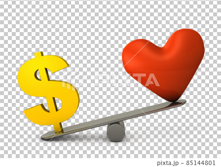 Comparison of the importance of the heart symbol and the dollar symbol. A concept that expresses money worship, which emphasizes money over love and sincerity. 85144801
