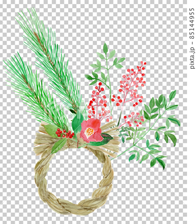 松、南天、千両、椿つき正月しめ縄輪飾りの水彩イラスト 85144955