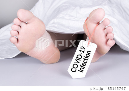 Body with toe tag on white 85145747