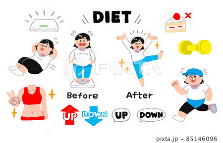 ダイエットに励む女性セット（手描きカラー） 85146096