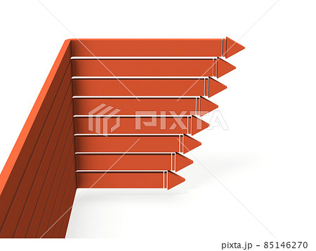 直角に右に曲がる沢山の矢印。それは、方針転換へのターニングポイントを表すコンセプト。白バック。 85146270