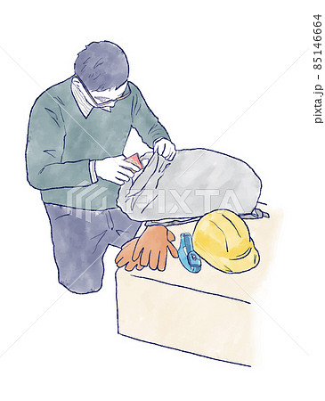 防災用品をリュックサックに詰める男性・水彩とインク手描きイラスト 災害 備える ヘルメット ライト 防災用品をリュックサックに詰める男性・水彩とインク手描きイラスト 災害 備える ヘルメット ライト 85146664