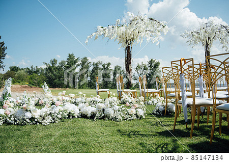 Premium arch for wedding ceremony for newlyweds on the river bank with wisteria trees 85147134