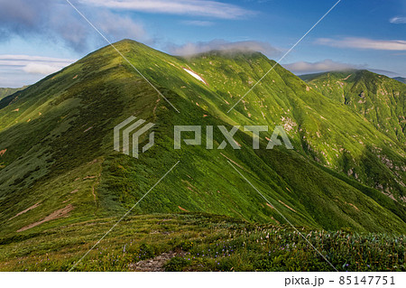 朝日連峰縦走路から見る雲懸かる朝の寒河山 85147751