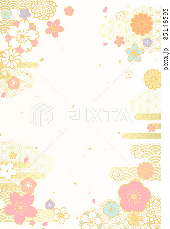 和柄の雲と花の和風なベクターイラスト背景(パステル,ひなまつり,桜) 85148595