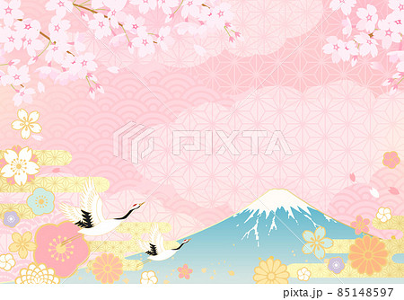 富士山と鶴と桜の和風なベクターイラスト背景(パステル,ひなまつり,桜) 85148597