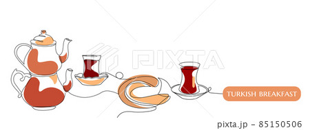 Traditional Turkish breakfast. Tea and Simit or Turkish bagel. Vector one linear continuous art with text Turkish style. Isolated elements for banner, logo or social media. Traditional Turkish breakfast. Tea and Simit or Turkish bagel. Vector one linear continuous art with text Turkish style. Isolated elements for banner, logo or social media. 85150506