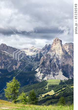 Frontal view of the whole mountain Sassongher (Vertical photo) 85150549