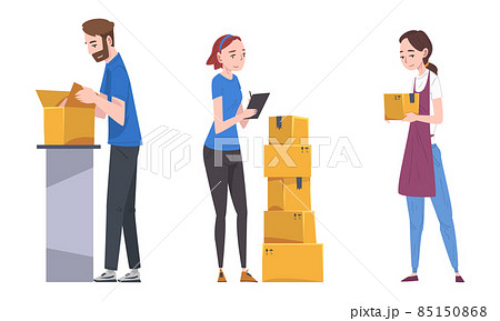 Young Man and Woman Carrying and Checking Cardboard Box Working with Parcels in Warehouse Vector Set Young Man and Woman Carrying and Checking Cardboard Box Working with Parcels in Warehouse Vector Set 85150868