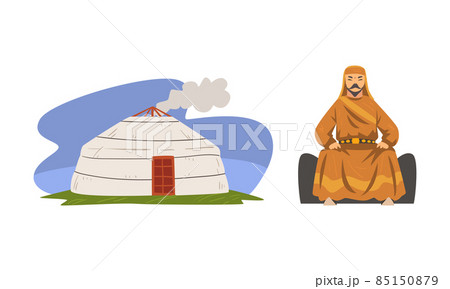 Mongol Sitting Man in Traditional Clothing and Hut Dwelling Vector Set 85150879