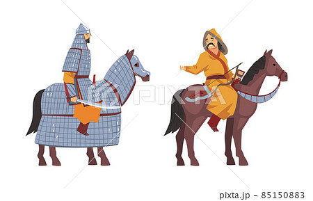 Mongol Man on Horse with Bow and Sword Vector Set Mongol Man on Horse with Bow and Sword Vector Set 85150883