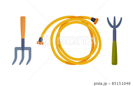 Rolled Water Hose and Rake as Garden Tools Vector Set 85151046