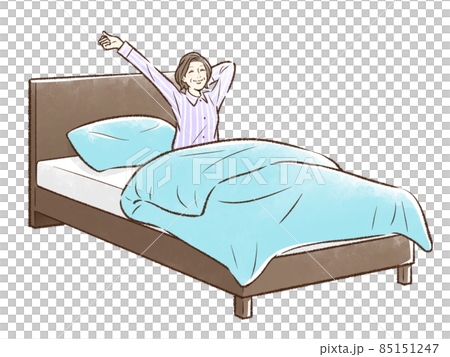 青緑のベッドで目を覚ます中年女性（朝）＿背景なし 85151247