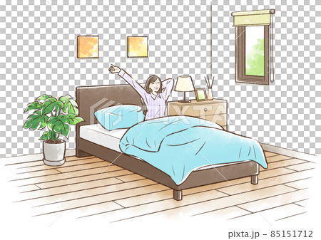青緑のベッドで目を覚ます若い女性（朝） 85151712
