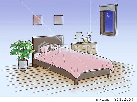 ピンク色のベッドで眠る若い女性（夜）＿影あり 85152054